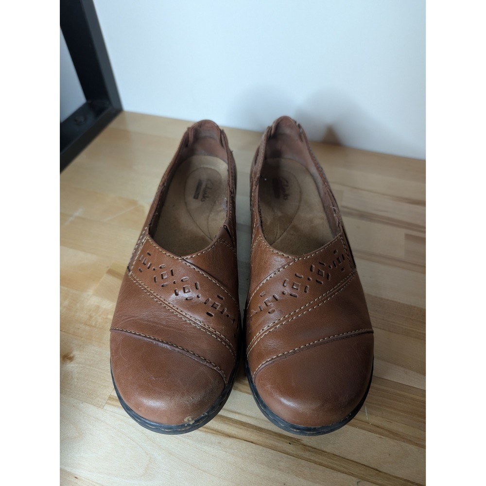 Clarks Leather Slip On Loafers Comfort Casual Shoes Brown‎ Size 8 B1